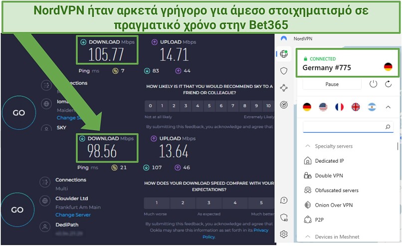 Screenshot of two speed test results showing baseline internet speed compared to speeds while NordVPN is connected to a server in Germany