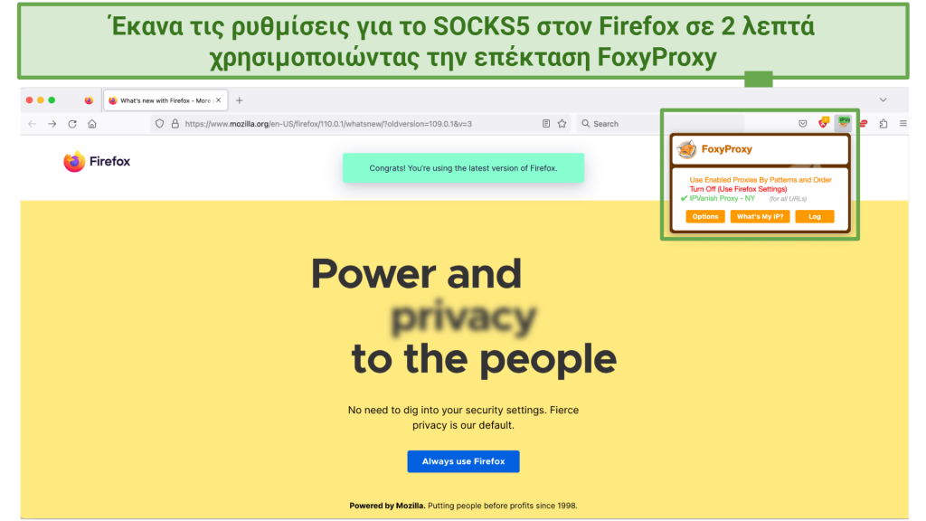 Screenshot showing a Firefox browser connected to a SOCKS5 proxy in New York