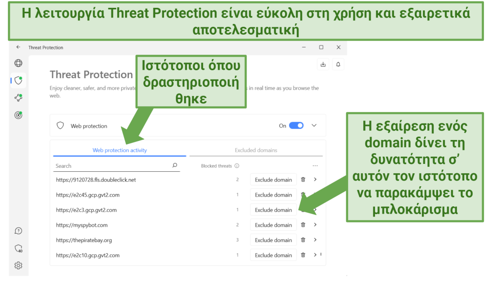 screenshot showing NordVPN's threat protection feature displaying which sites it blocked threats on