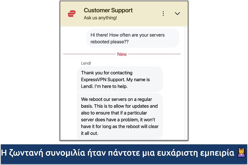 Screenshot showing a chat with the ExpressVPN Customer Support team