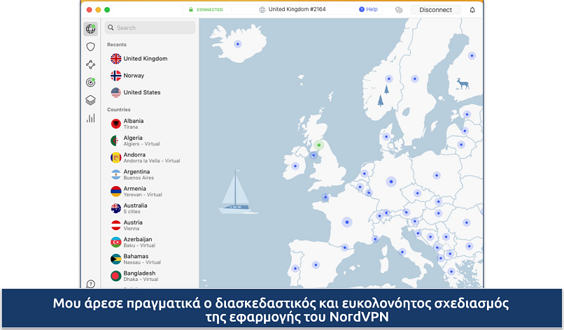 Screenshot of the interactive map and the server list in the NordVPN app