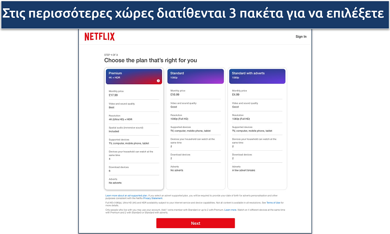 Screenshot of the three pricing plans available for Netflix UK