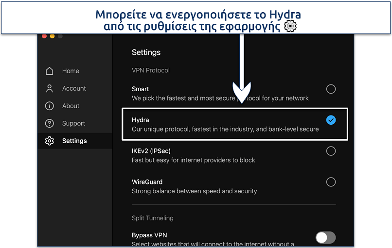 Screenshot showing how to enable Hotspot Shield's Hydra protocol