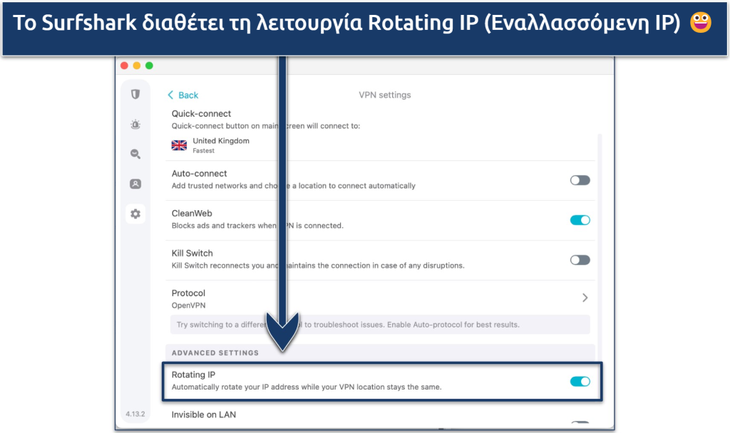 Screenshot of Surfshark's Settings menus with the Rotating IP feature highlighted