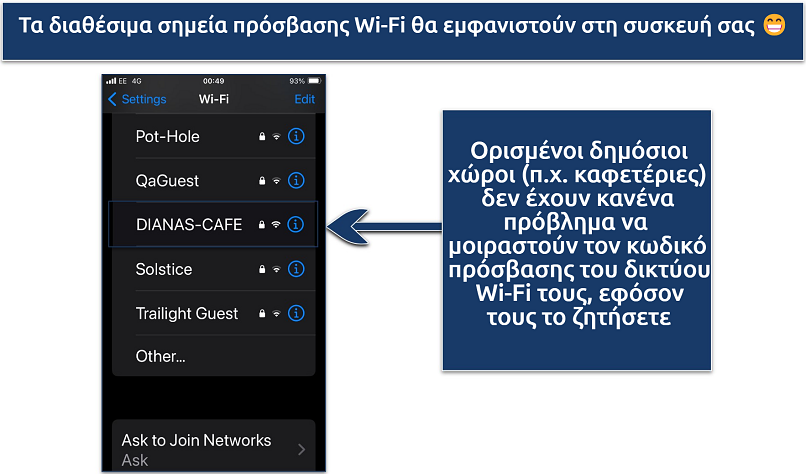 Screenshot showing the available WiFi hotspots on an iPhone