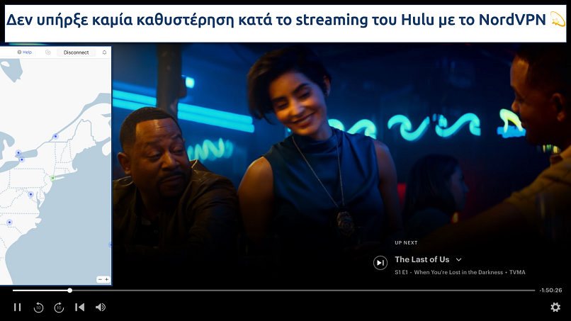 Screenshot showing the NordVPN app over a browser streaming Hulu