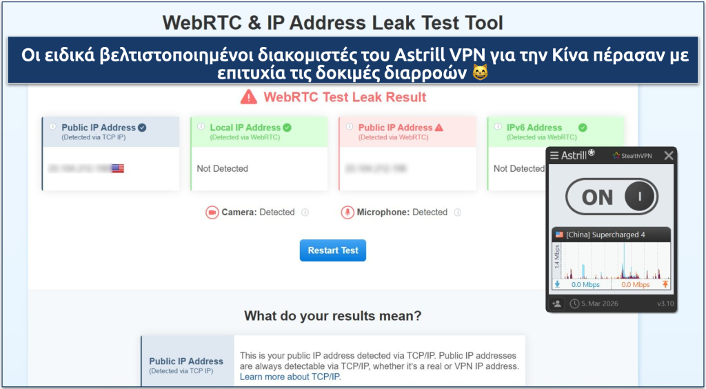 Screenshot showing Astrill VPN passed IP/DNS/WebRTC leak tests