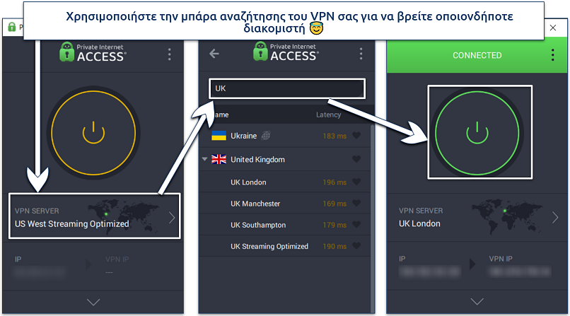 Screenshot showing how to connect to a server on the PIA Windows app