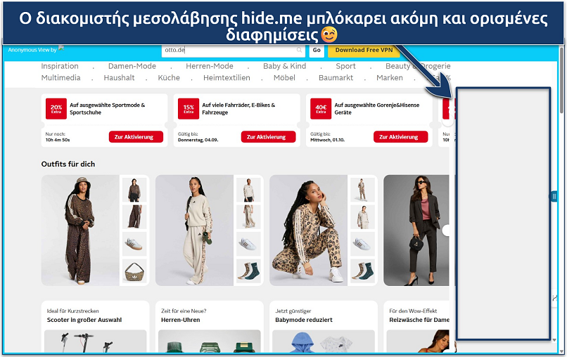 Screenshot of the Otto.de marketplace loaded via the hide.me web proxy